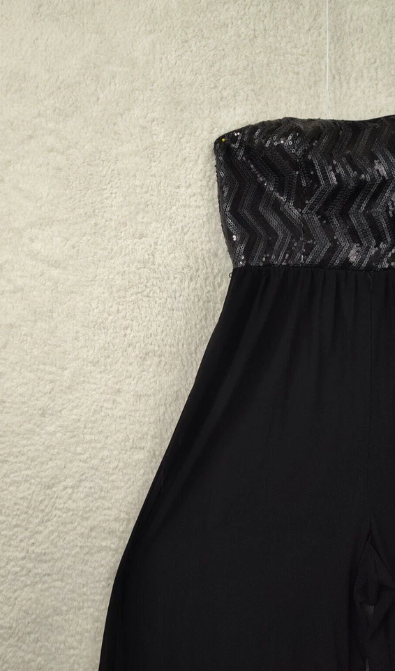 Xoxo Women Jumpsuit 7/8 Black Poly Blend Sequin Off Shoulder Wide Leg Pants - Image 2 of 4