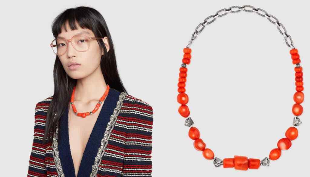 GUCCI★ANGER FOREST FELINE HEADS & CORAL Beaded Necklace 🆕️ Auth GUCCI *ANGER FOREST* Collection FELINE HEADS