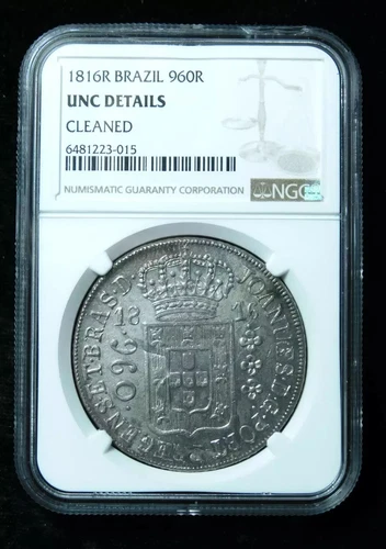 1816R Brazil 960 Reis Large Silver Coin - NGC UNC Details - Struck over Reals