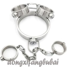 Heavy Duty Stainless Steel Bondage Neck Collar Handcuffs Ankle Cuffs Slave