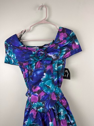 Vintage 80s Off Shoulder Floral Tiered Dress Formal Prom Sz 5 Small Mini Cotton - Picture 2 of 11