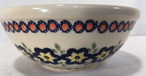 Handmade Polish Pottery Bowl Boleslawiec Blue Yellow Cream Flower Floral 6 1/2" - Picture 3 of 12