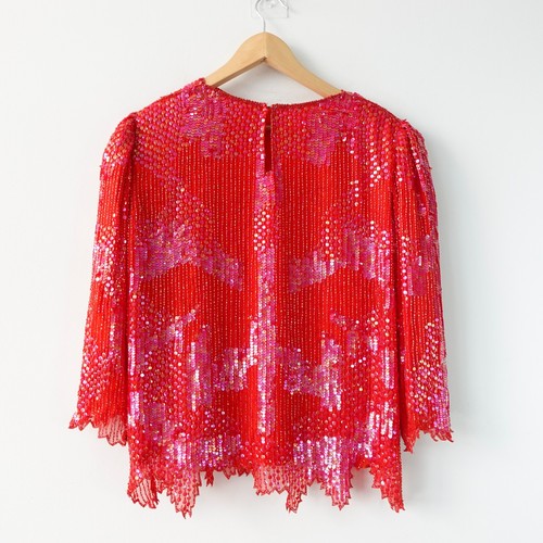 70s Vintage Sequin Top Party Blouse Small Red Beaded Silk Fairy Whimsical Gatsby - Picture 2 of 16