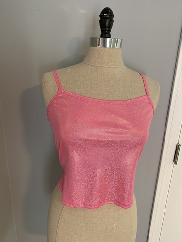Vintage 90s Y2K Pink Plastic Shine Glitter Crop Top Candy Rave Fest Barbie Mall - Picture 2 of 8