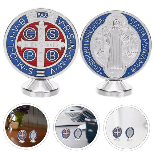 2 Piezas Aleación de Metal Plateado San Benito Medalla Santa Escritorio Adornos Decoración M - Imagen 3 de 3