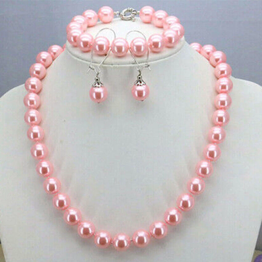Collar de cuentas redondas de perlas concha del mar del sur de 12 mm 18" + pulsera 7,5" + conjunto de pendientes Foto 4 de 4