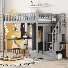  Full Size Loft Bed with Bookshelf,Drawers,Desk and Wardrobe-Gray