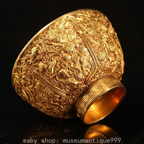 Bol bol ancien en ligne oiseau fleur lotus doré cuivre chinois marqué 5,4