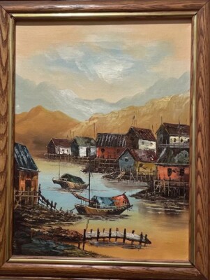 Boats Nautical P. WONG Oil on Canvas Framed Painting Colorful Harbor 12 x 18 