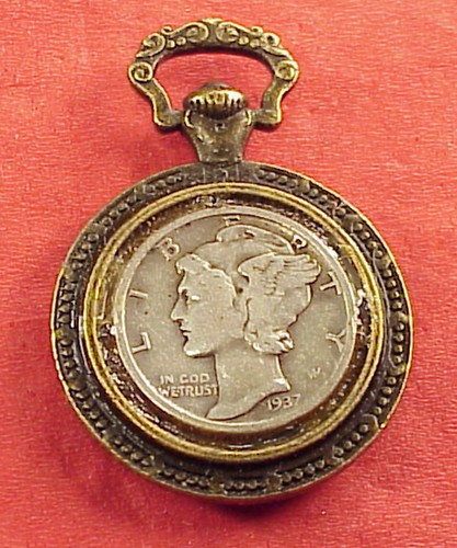 Miniature Silver Mercury Dime Pocket Watch Fob Chain Charm Pendant Drop - Picture 2 of 4