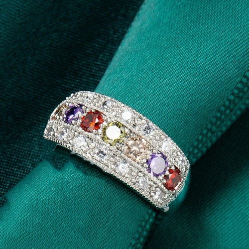 Anillo de boda de compromiso de plata 925 púrpura + verde oliva + rojo circonita cúbica para mujer talla 6-10 - Imagen 5 de 10