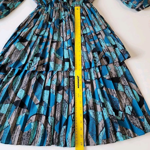 Vintage LESLIE BELLE Dress Womens Large Teal Floral Pleated Layered 1980s Party - Picture 14 of 19