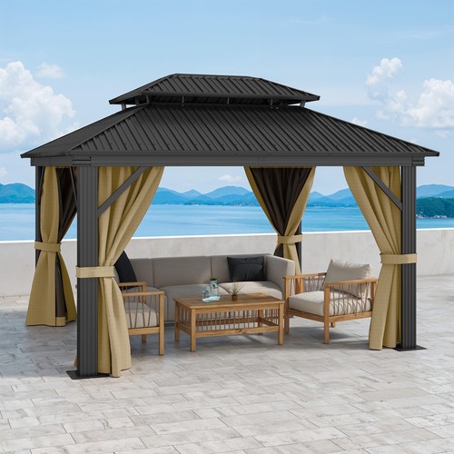 14x12 ft Outdoor Large Gazebo Canopy Hardtop Double Roof Galvanized Steel Black - Picture 10 of 11