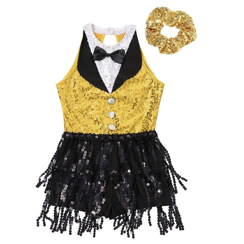 Girl Sequin Latin Dance Dress Sleeveless Gymnastic Leotard Costume with Hairband - Picture 41 of 74