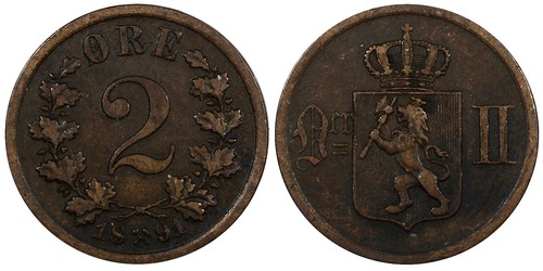 NORWEGEN Oscar II Bronze 1891 2 Erz Löwe KM# 353 (20 844) - Bild 1 von 3