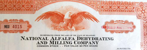 1976 National Alfalfa Dehydrating Stock Certificate Orange Eagle Vintage - Bild 2 von 3