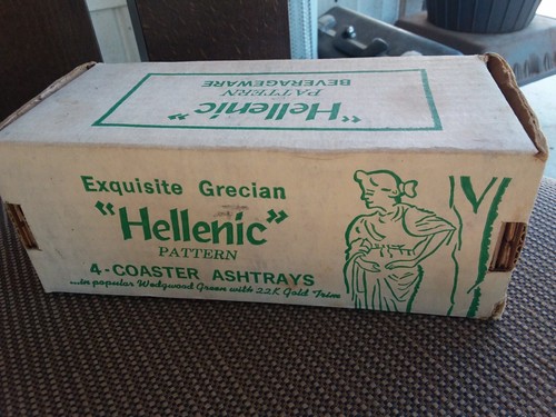 4 Vintage Unused Glass Hellenic Grecian 22K Gold Trim Ashtrays W/ Box Tobacciana - Picture 3 of 4