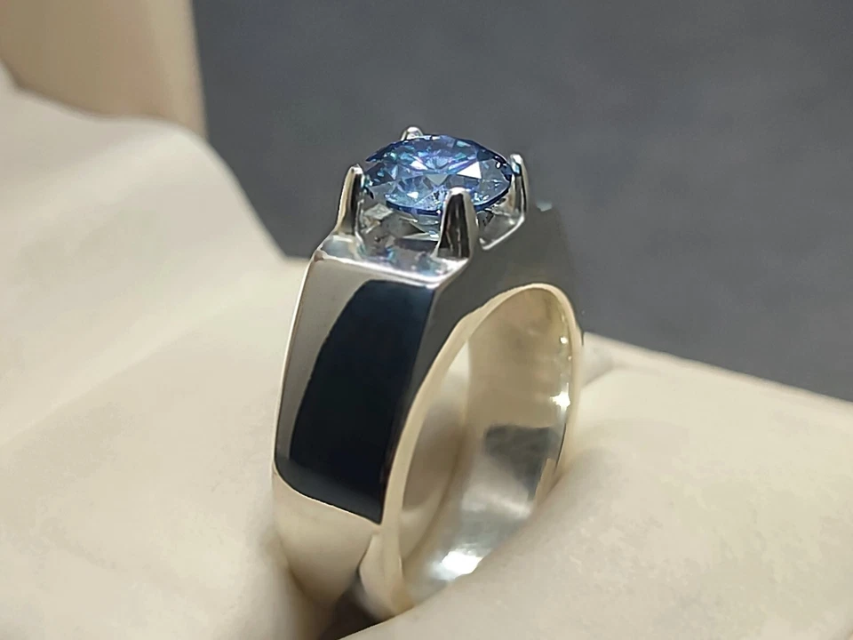 Round Cut 2 Ct Deep Blue Moissanite Diamond 925 Sterling Silver Mens Plain Ring - Image 2 of 4
