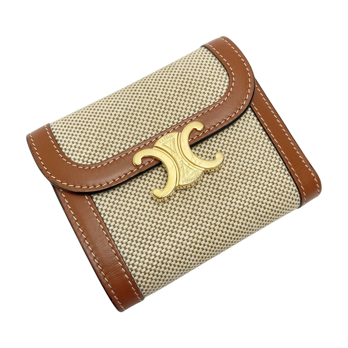 【CELINE】Triomphe Small wallet (送料込み) Celine Triomphe Small Wallet Natural Trifold Canvas Leather