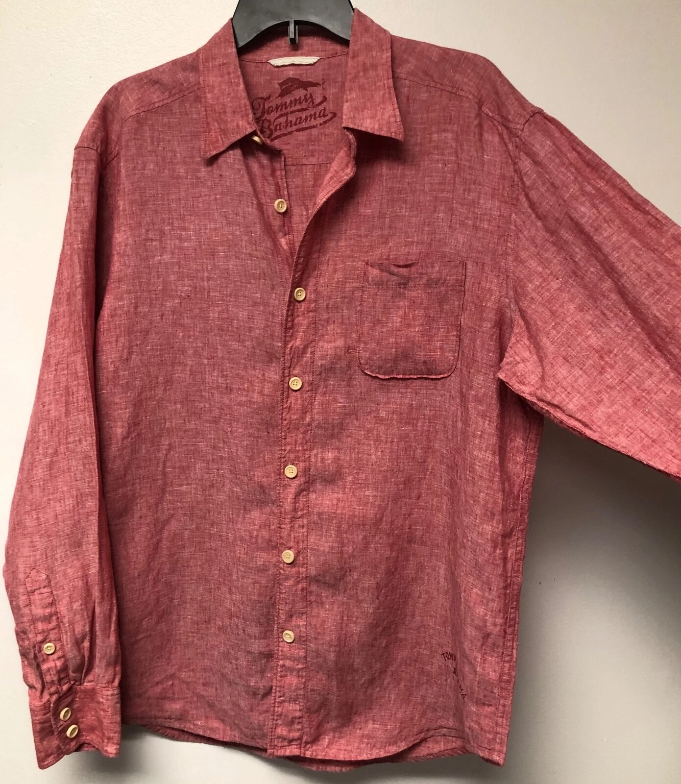 TOMMY BAHAMA 100% LINEN WASHED RED DRESS CASUAL LONG SLEEVE BUTTON FRONT SHIRT M