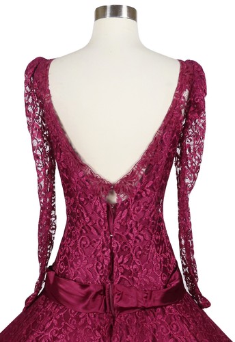 Vintage 80s 20s Burgundy Lace Long Sleeves Full Skirt Prom Party Dress S Small - Picture 7 of 10