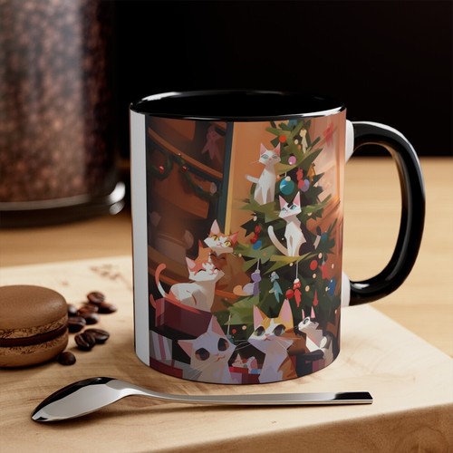 Bunter Kaffeebecher 11 Unzen Cartoon Katze Kätzchen feiern Weihnachten X-Mas Baum - Bild 6 von 21