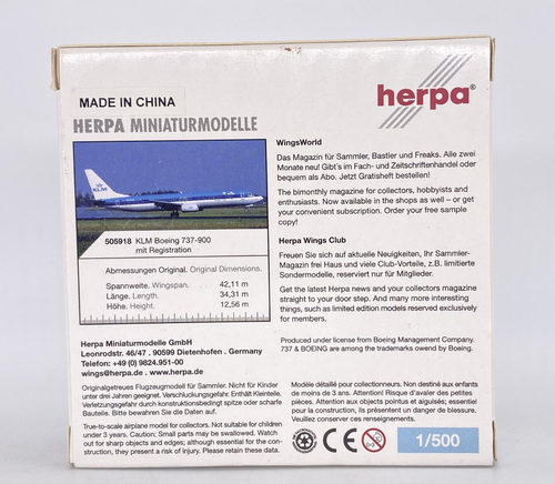 Herpa 505918 KLM Royal Dutch Airlines Boeing 737-900 - 1:500 Diecast Model NOB - Picture 2 of 9