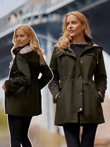 Women's Long Hooded Rain Jacket Outdoor Raincoat Windbreaker Medium Army-green - Picture 4 of 7
