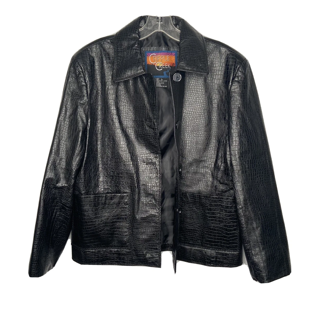 Cripple Creek Vintage Womens Black Leather Jacket Large Western Snake Skin Print