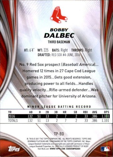 Bobby Dalbec 2017 Bowman Platinum Prospect Card #TP-BD - Picture 2 of 2