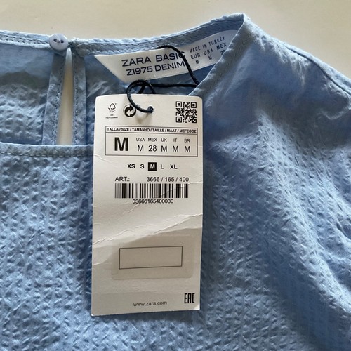 Zara Sz M Blue Puff Long Sleeve Textured Blouse Top Pearl At Cuff Key Hole Back - Picture 5 of 9