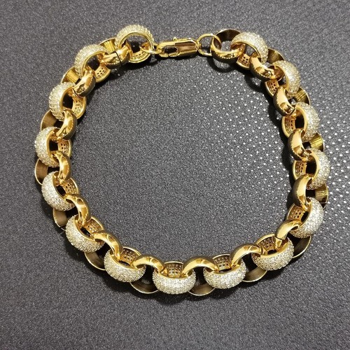 Gold Belcher Bracelet 12mm Simulated Diamonds 9" Adjustable 18k Gold Layered - Picture 4 of 6