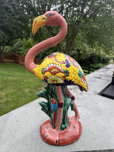 Talavera mexikanische Keramik Flamingo Vogel x groß 26" Volkskunst Statue Gartendekoration