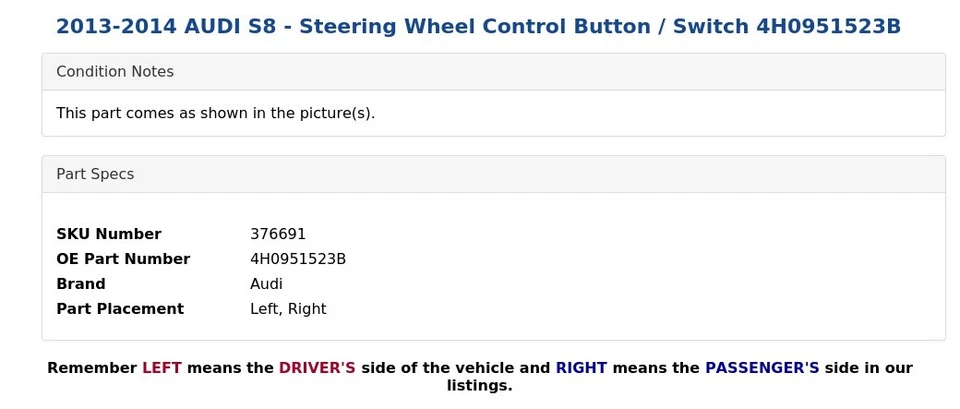 2013-2014 AUDI S8 - Steering Wheel Control Button / Switch 4H0951523B - Image 4 of 4