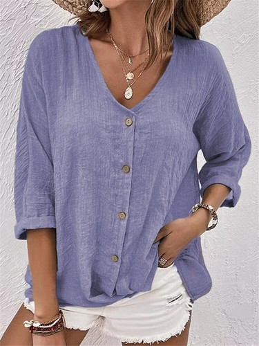 T-shirt Blouse Plain Womens Travel Button V neck Holiday Tops Tee Long Sleeve UK - Picture 7 of 15
