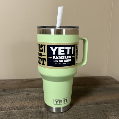 Yeti Rambler 35 oz Becher mit Strohhalmdeckel Schlüssel Limette hellgrün Bechergriff Getränkehalter