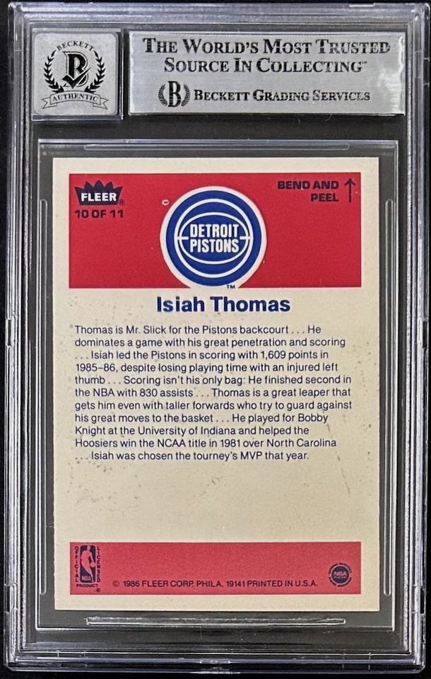 Tarjeta adhesiva Fleer firmada por Isiah Thomas 1986-87 #10 Beckett Auto 10 18049669 Foto 2 de 2