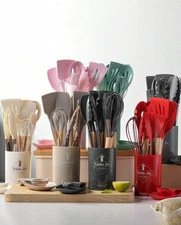 14PCS Silicone Kitchen Utensil Set w/ Holder – Wooden Handle - NEW