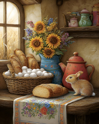 8x10 Cozy Storybook Basket of Eggs and Basket of Bread Art Print - 636229512