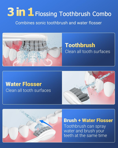 Electric Toothbrush with Water Flosser, 3in1 Sonic Brush, 5 Pressure Tank Dental - Picture 2 of 12