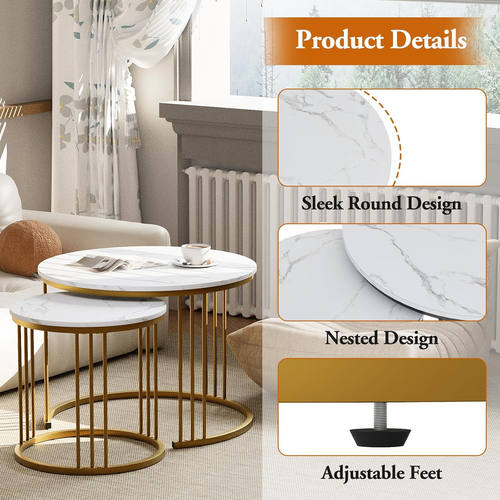 Coffee Table Faux Marble Nesting Table for Small Place 2 Sets Modern Furniture L - Picture 5 of 7