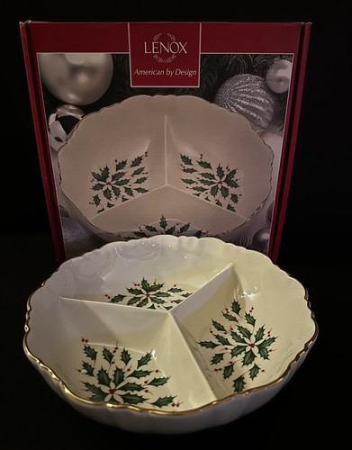 Lenox Holiday Archive 3 Part Divided Serving Bowl Dish 9” Scalloped Edge - Picture 1 of 9