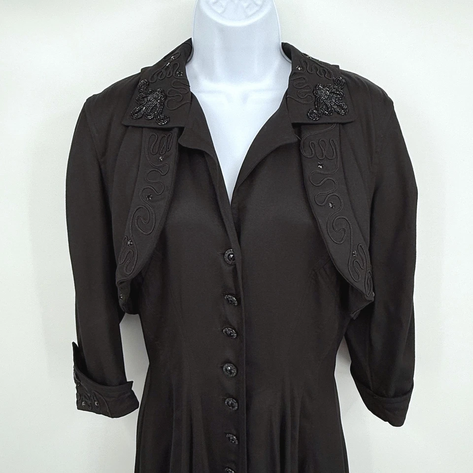 Vestido Karen Alexander Vintage Mujer Grande Negro Cuentas Botón Frontal Midi Años 80 Foto 3 de 4