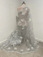 Silver White Embroidery Sequins Lace Fabric 50” Width Sold By The Yard