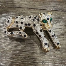 Spilla leopardo vintage bianco strass verde occhi gemma grande gatto vintage moda