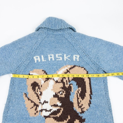 Suéter Cowichan Vintage Años 60 Adulto Se Ajusta Pequeño Alaska Ram Tejido Forrado Cremallera Azul - Imagen 13 de 14