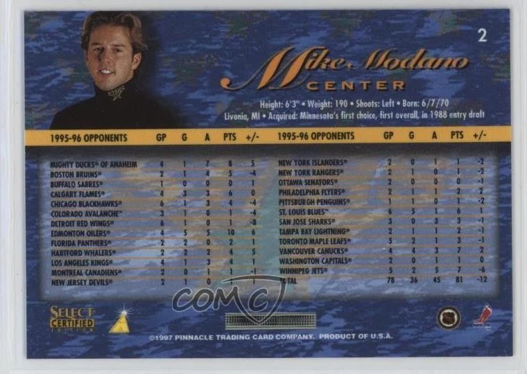 1996-97 Select Certified Blue Mike Modano #2 HOF - Image 2 of 2