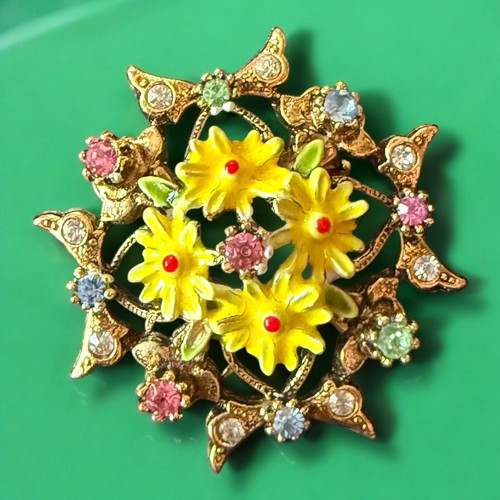 Signierte ART Blumen Brosche Gelb Emaille Pastell Strass Vintage Uran Glow - Bild 8 von 9