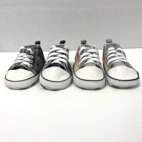 Set Of 2 Pair Baby Canvas Shoes Lace Up Striped And Camo Crib Shoes Size 2 - Picture 2 of 9