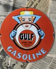 VINTAGE 1948 GULF GASOLINE FUEL OIL DEALER 12 INCH PORCELAIN ENAMEL SIGN